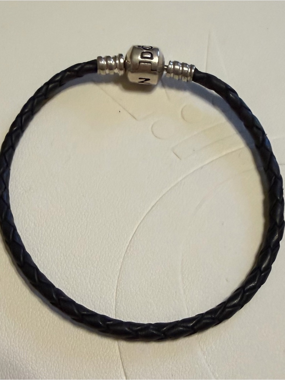 Pandora Silver Bangle and Black Braided Leather Bracelet Set 7.5” - Picture 4 of 6